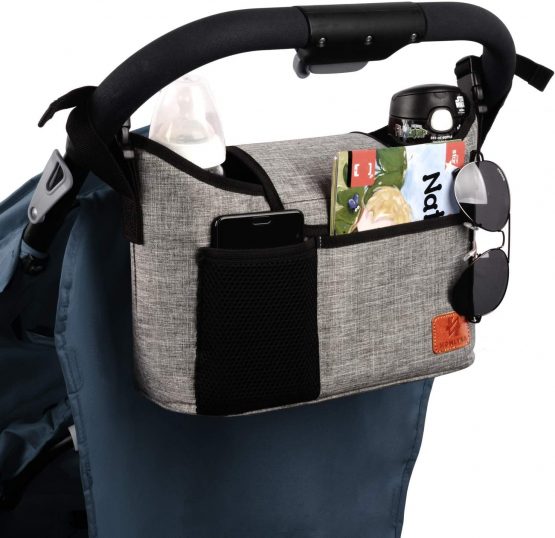 Buggy Pram Bag Organiser, 11L Large Capacity for Baby Accessories with 2 Deep Cup Holders & Shoulder Strap Used as Carry-On Handbag-Universal Fit All Buggy Models (Grey)