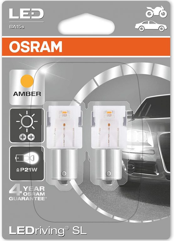 OSRAM P21W LEDriving STANDARD 7458YE-02B LED Amber Indicator Bulbs Retrofit, Set of 2