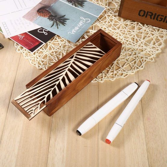 4 Types Wooden Pencil Case Box Desktop Stationery Storage Organizer Student School Office Use(Leaf Type) - Image 2