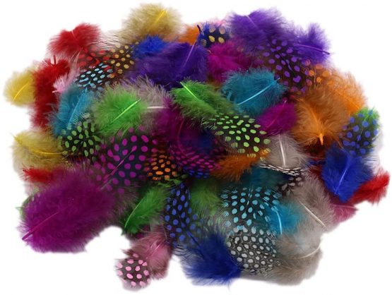 Kids B Crafty 100 Spotted Feathers spotted Craft Collage Feathers Millinery Pack FLY FISHING COLOURs