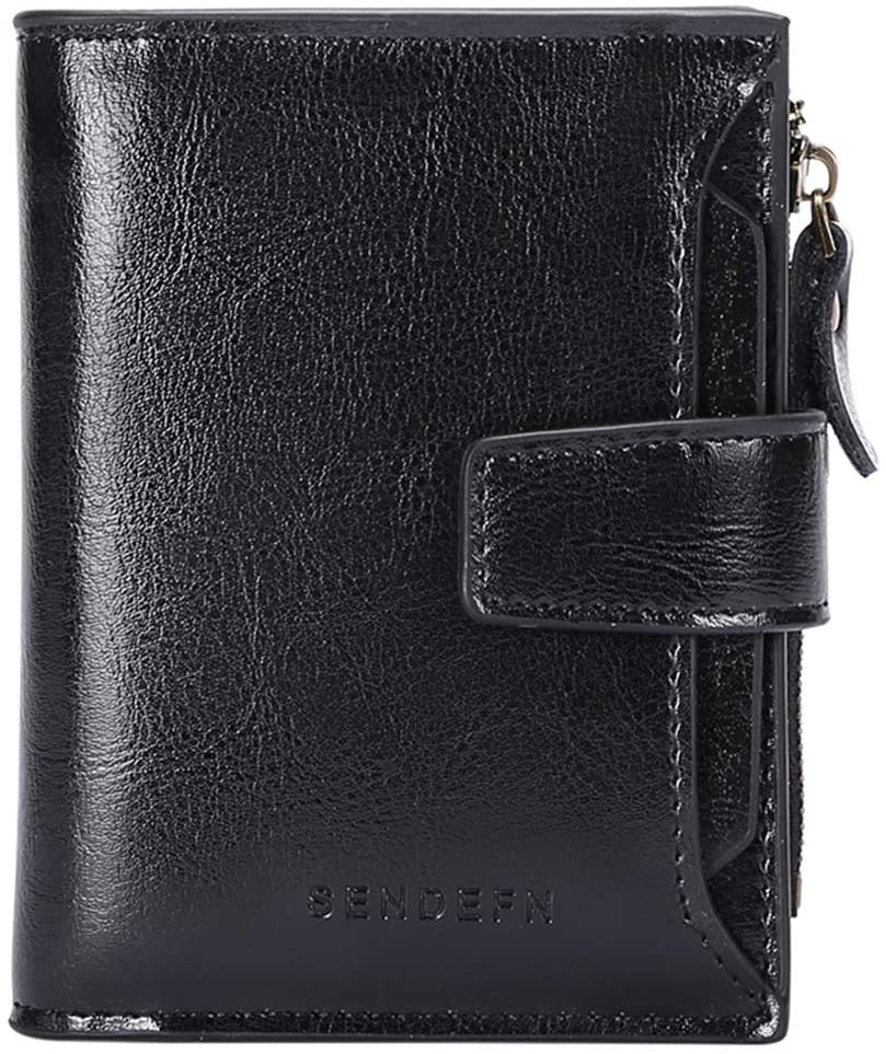 SENDEFN Women's RFID Blocking Leather Small Compact Bi-fold Zipper Pocket Wallet Card Case Purse with ID Window