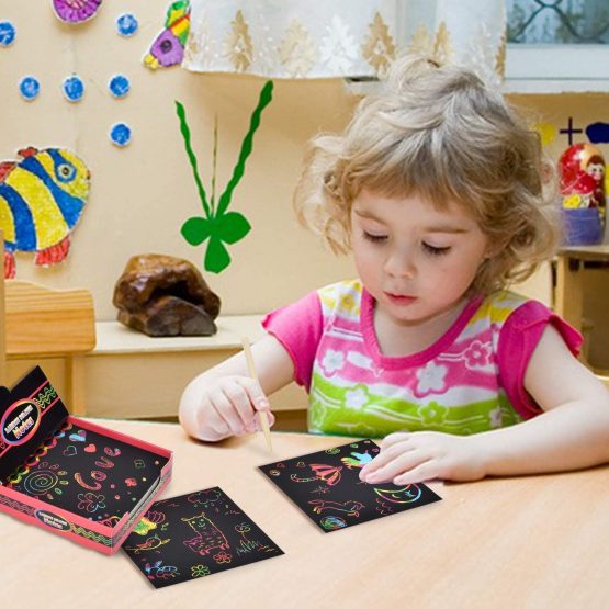 Scratch Arts [125 Sheets + 2 Wooden Stylus + 2 Stencils] Arts and Crafts for Kids, DIY Projects, Black Paper Magic Rainbow Painting Boards [8.5*8.5cm] - Image 3