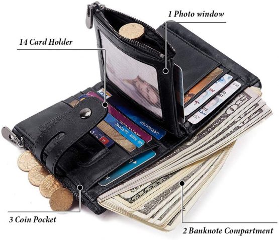 HALOViE Mens Wallet RFID Blocking Leather Wallets with Zip Coin Pocket Credit Card Holder Anti-Theft Purse(Black) - Image 4