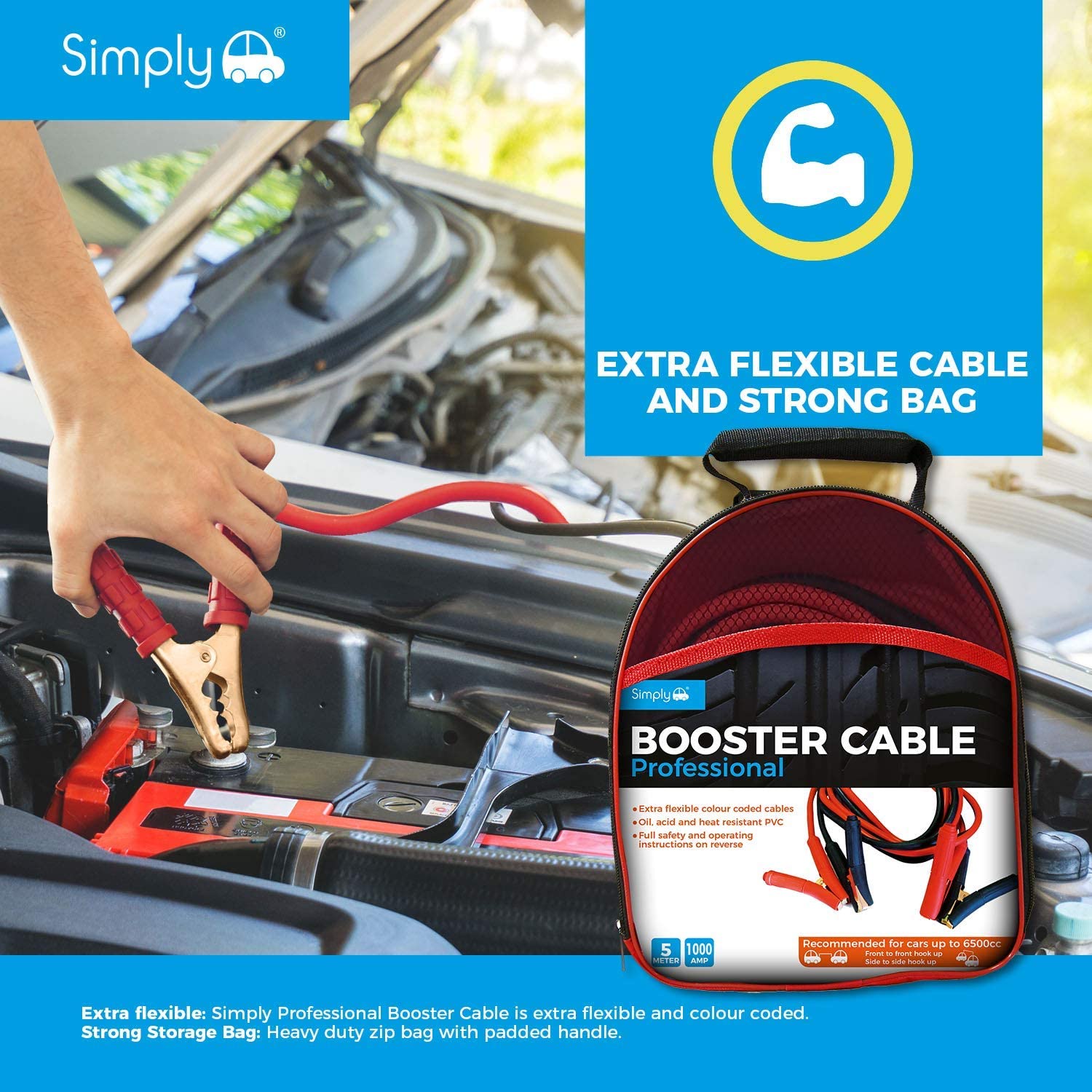 Simply SP1000 Professional Jump Booster Cable - Recommended for cars up to 6500cc - 1000AMPs - 5 Metres, 3 Metre - Image 2