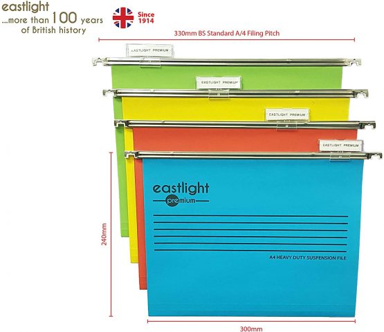 Eastlight Premium Filing Cabinet A4 Suspension Files with Tabs and Inserts (Pack 10) 100% Recycled Manilla. Made in The UK, Please Check Size Required **