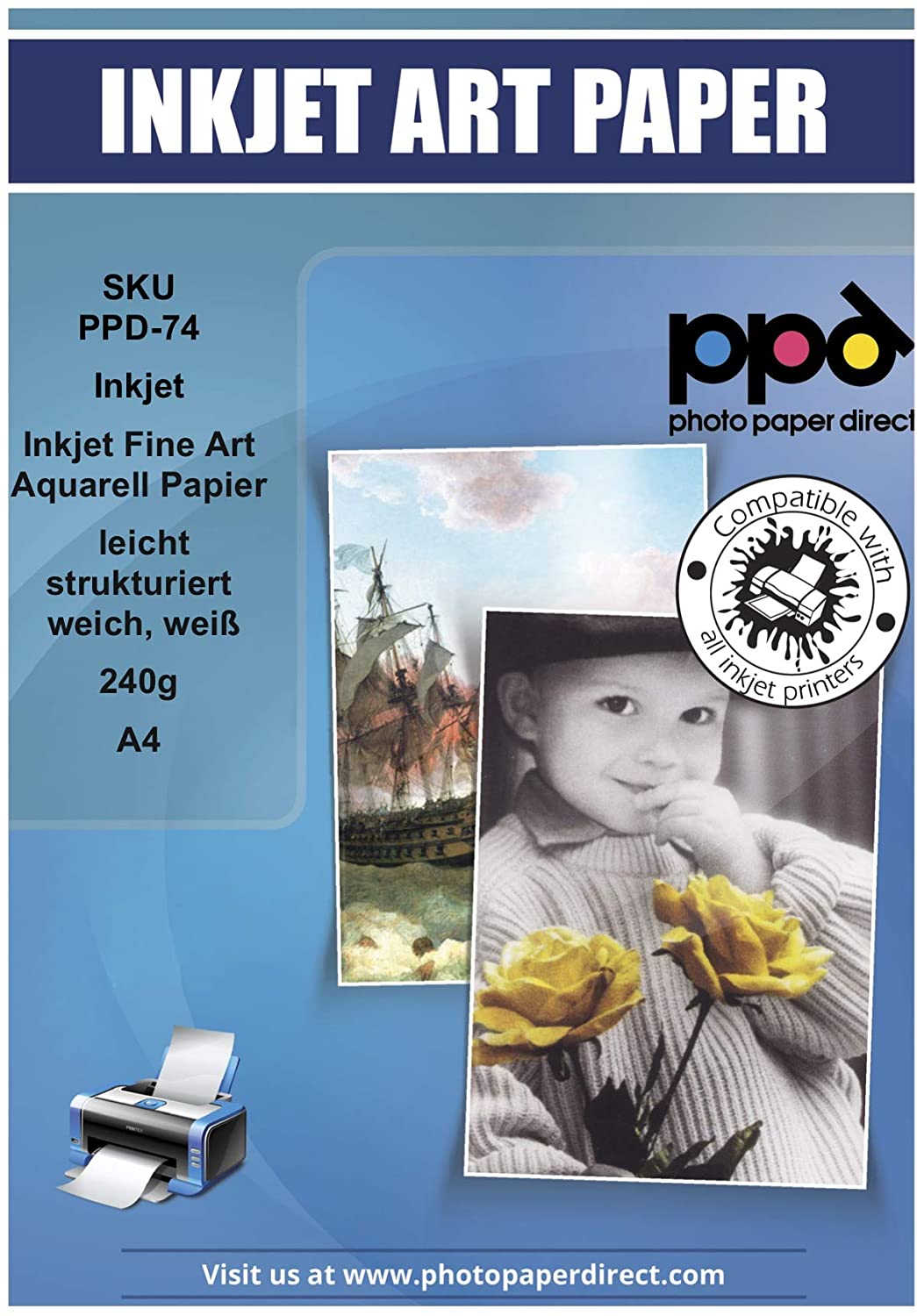 PPD 25 Sheets A4 Inkjet Fine Art Watercolour Giclee Archival Matt Photo Paper 240gsm PPD-74-25, white