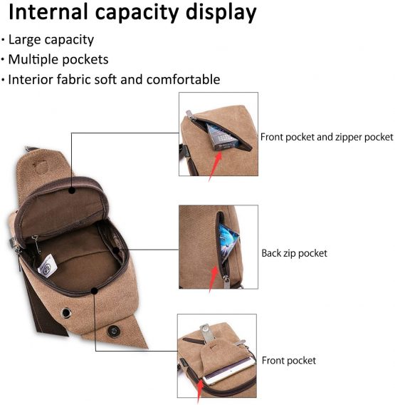 FANDARE Vintage Sling Bag Messenger Bag One Shoulder Backpack Crossbody Bag Travel Bag Women/Men Canvas Khaki - Image 4