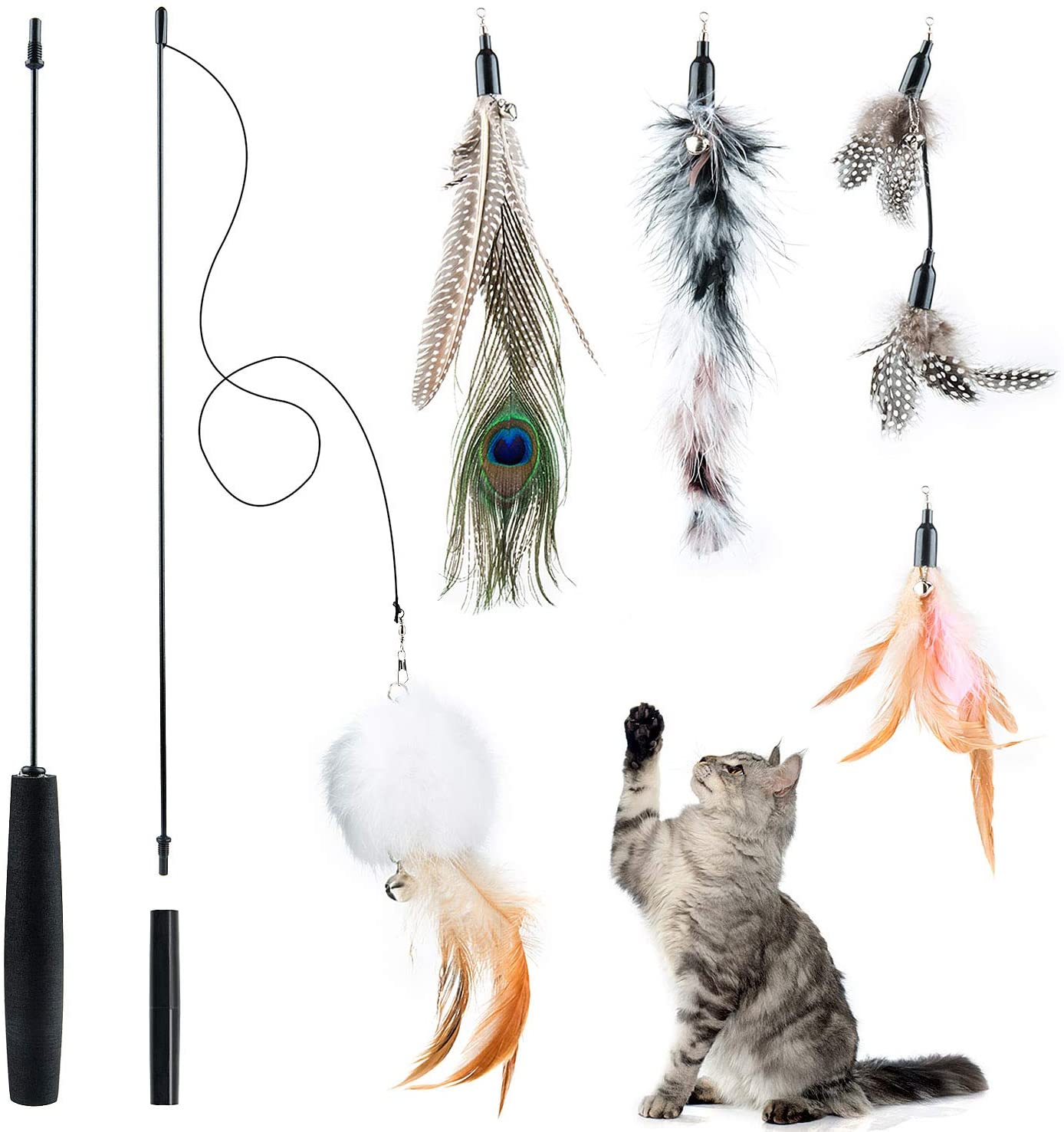 Czoele Cat Feather Toys,Interactive Cat Teaser Wand with 5 Refills, Cat