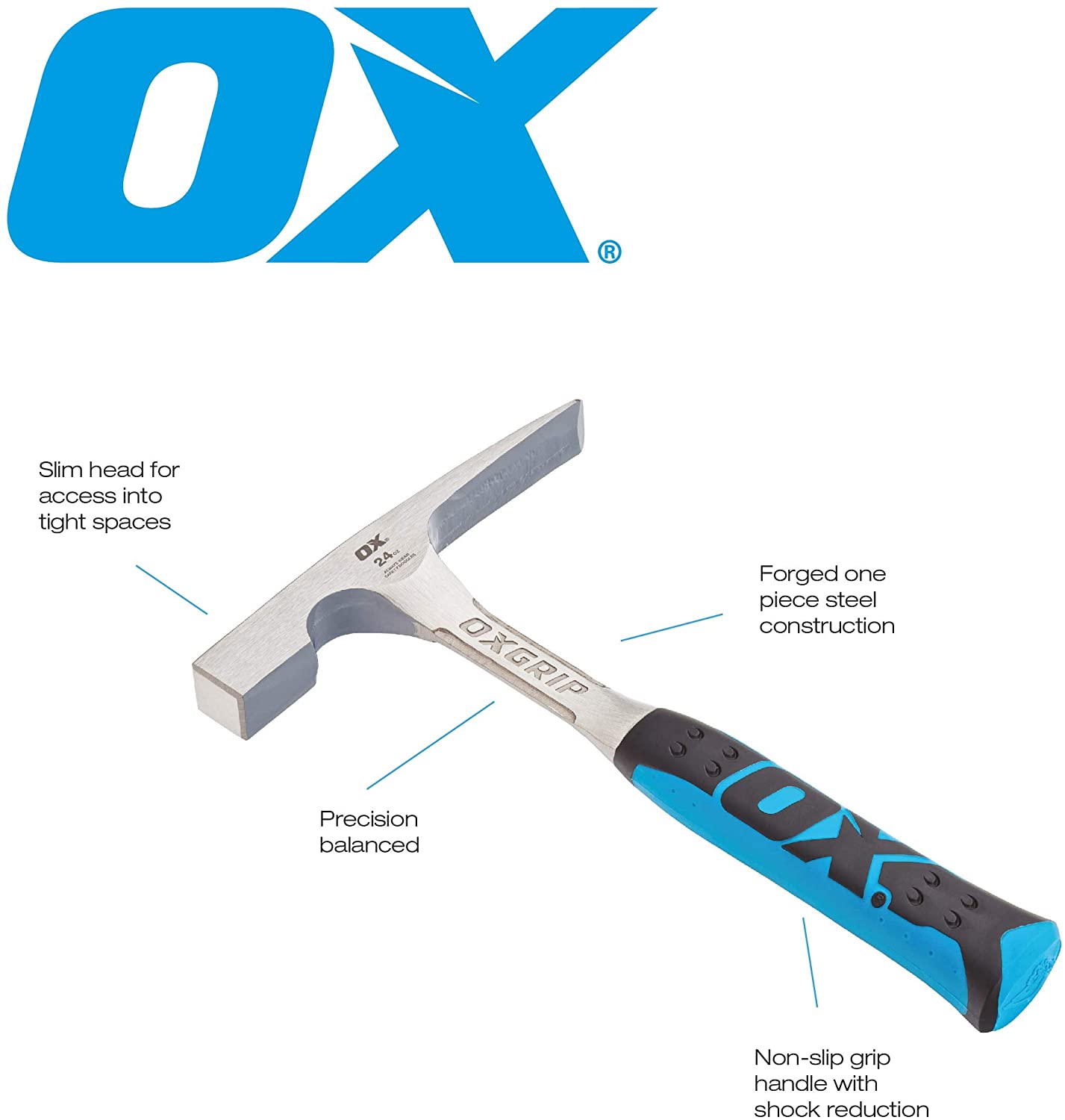 OX 24Oz Pro 1-Piece Steel Non-Slip Brick Hammer OX-P082424, Multi-colour, 24 oz - Image 2