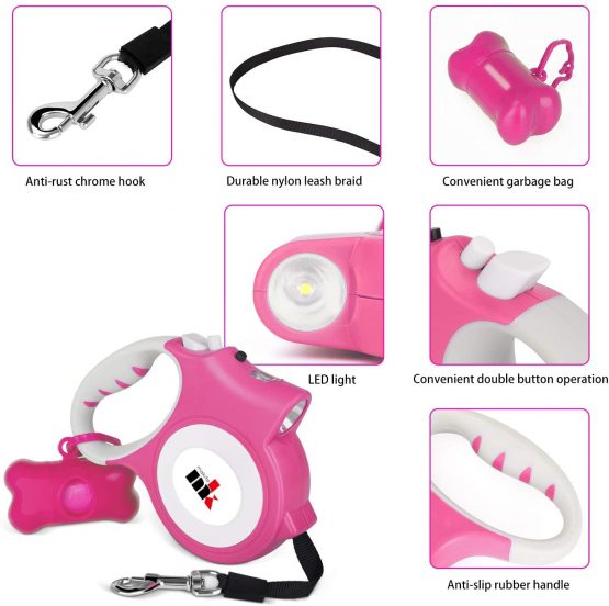 Makife Retractable Dog Lead Dog Leash for Small Dog up to 25kg Dog Pet, 5m Strong Dog Walking Leash with LED Light, 15pcs Dog Poop Waste Bags with Dispenser - Pink - Image 4