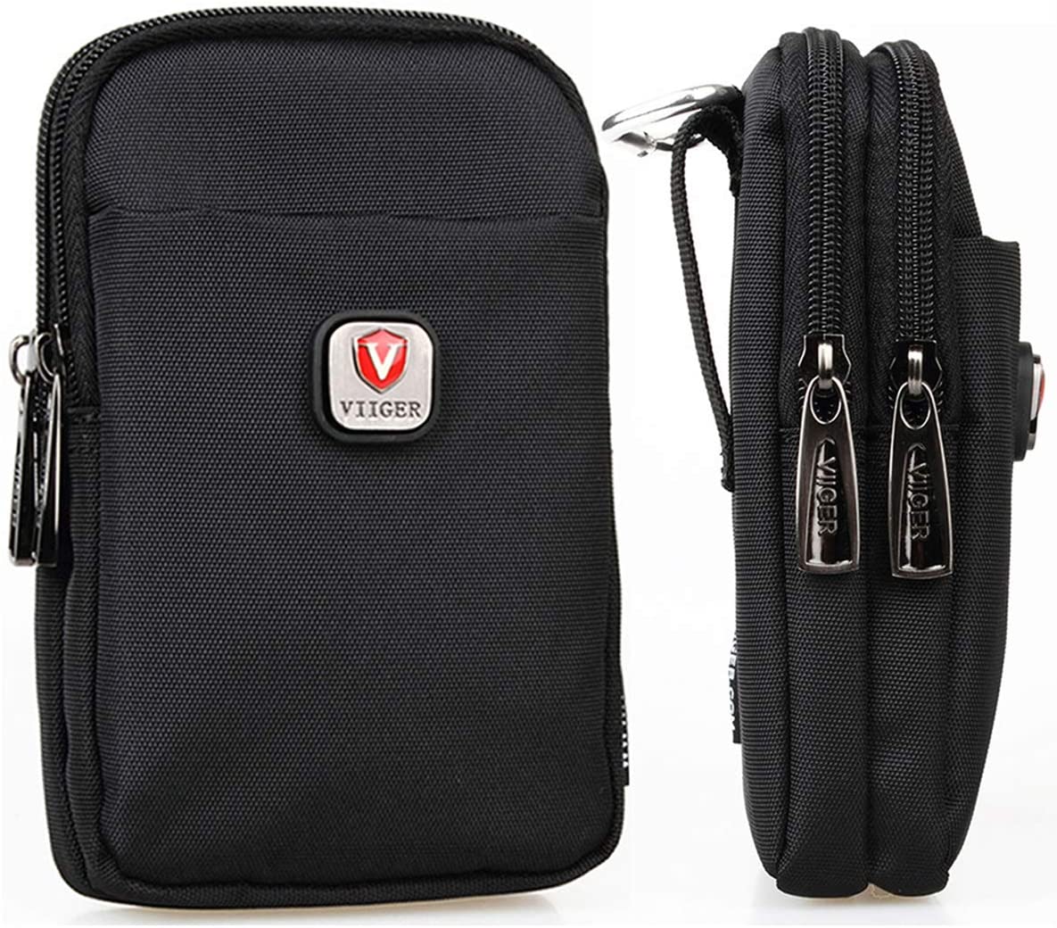 VIIGER Nylon Dual Mobile Phone Holster Versatile Belt Case Holder Mens Belt Pouch w/Clip Smartphone Belt Loop Pouch Bag 2 Zipper Pockets Compatible with iPhone 17 Pro Max 16 Pro Max