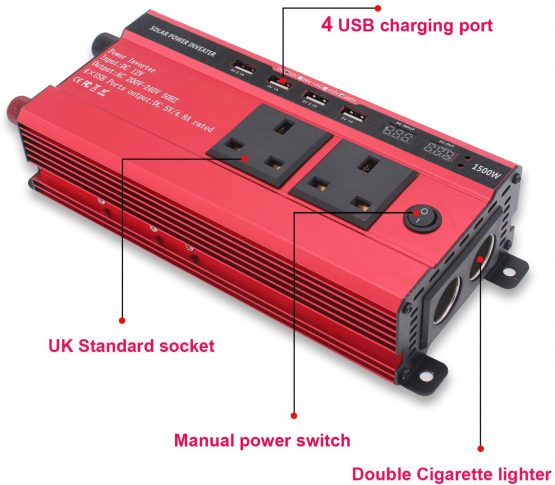 LVYUAN 1500W Power Inverter 12V to 240V AC Car Converter with 3.1A 4 USB 2 AC Sockets Dual Car Adapter With 2 LED Display - Image 3