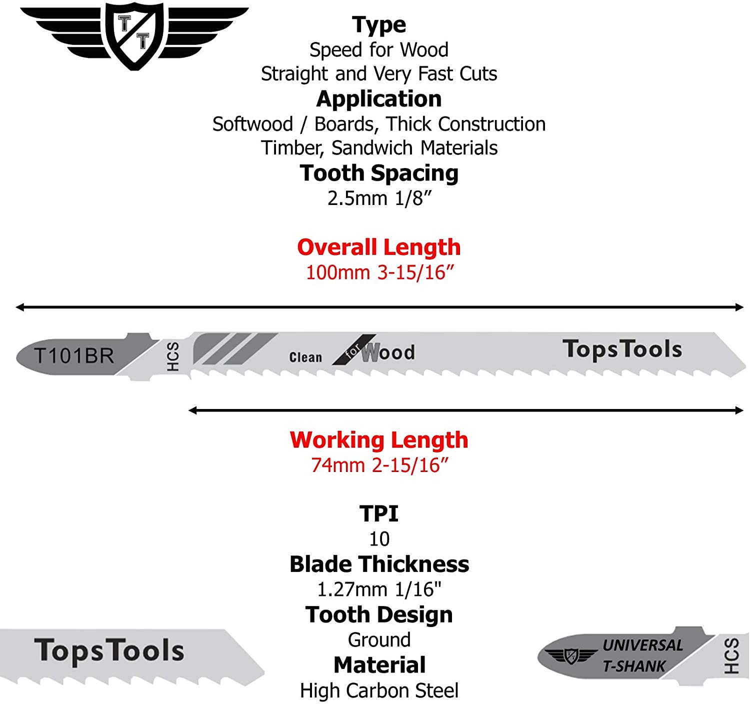 25 x TopsTools T101BR 100mm Jigsaw Blades Designed for Reverse Clean Cuts in Wood, Silver Color - Image 2