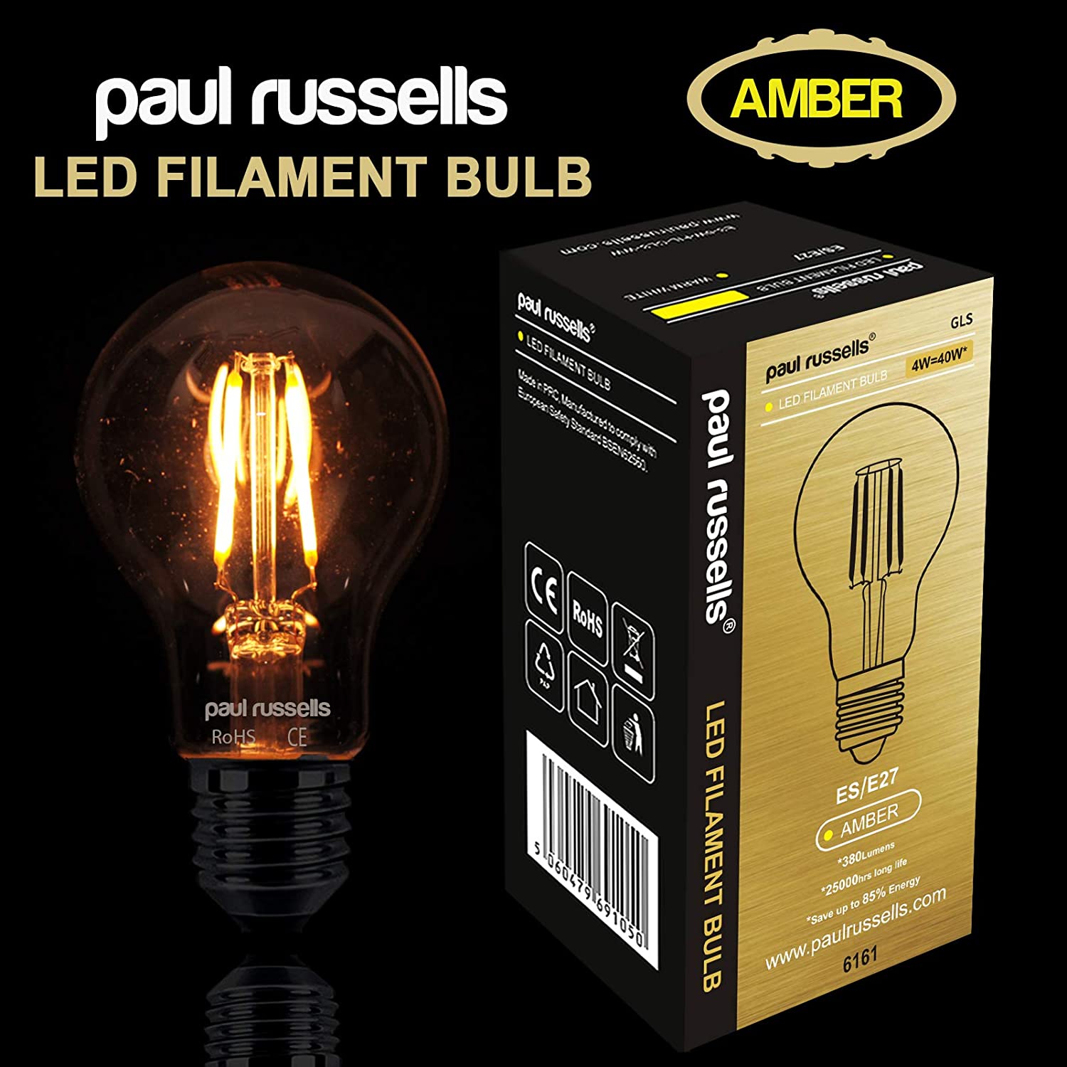 paul russells E27 Edison Screw LED Filament, 4.5Watt 35W Equivalent 400LM Lumens 2200K ES Standard GLS A60 - Image 2