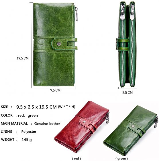 Contacts Women Real Leather ID Card Coin Phone Holder Zipper Clutch Purse Wallet (Green)(Size: One Size) - Image 3