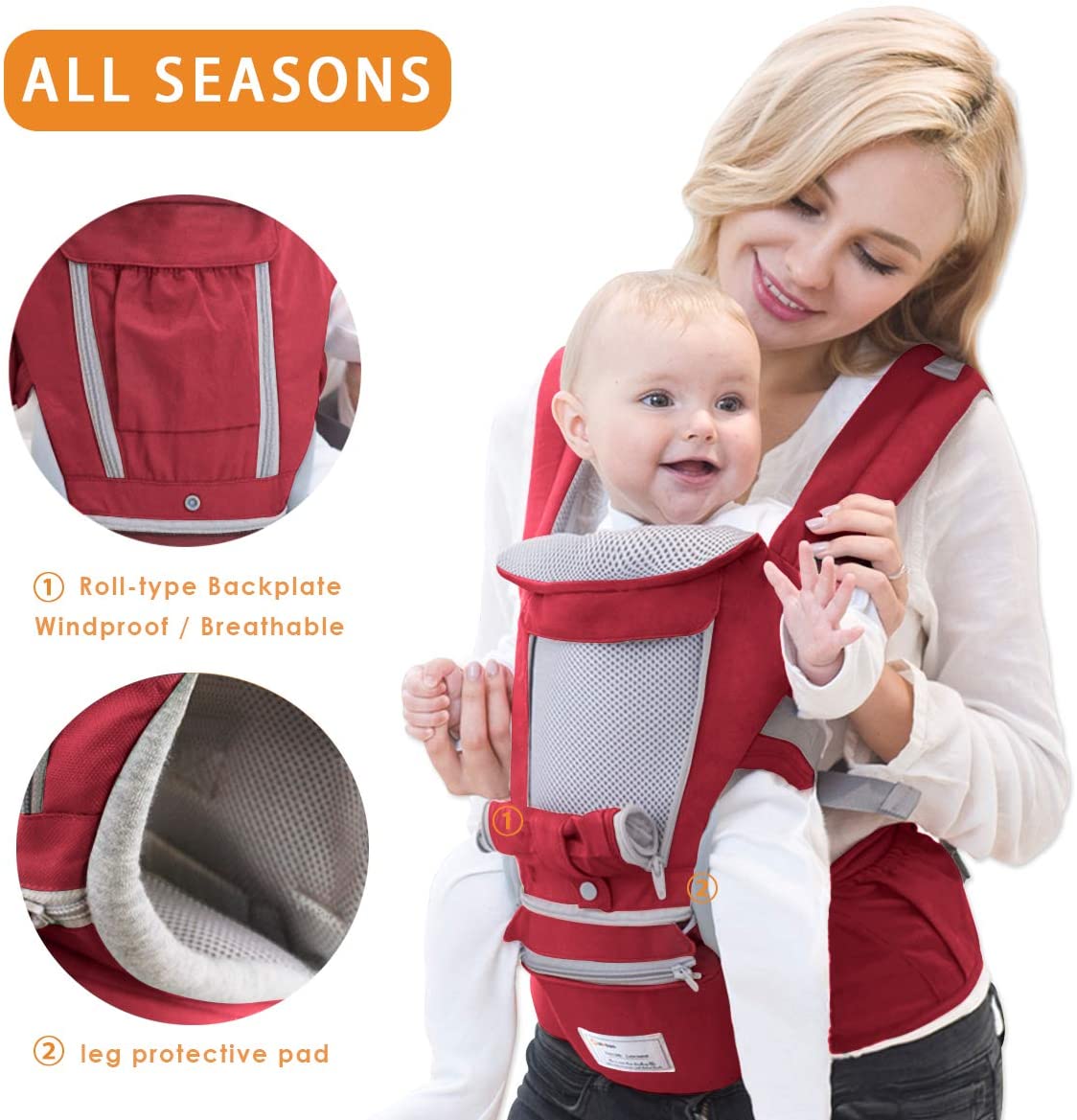SONARIN 3 in 1 Multifunction Hipseat Baby Carrier,Front and Back,100% Cotton,Ergonomic,Easy Mom,Adapted to Your Child's Growing(Red) - Image 2