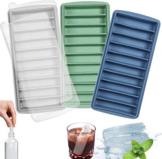 LessMo Stick Ice Cube Tray, Silicone, with Lid, Ideal for Sports and Water Bottles, 10 Cavities (Set of 3, Multicolors)