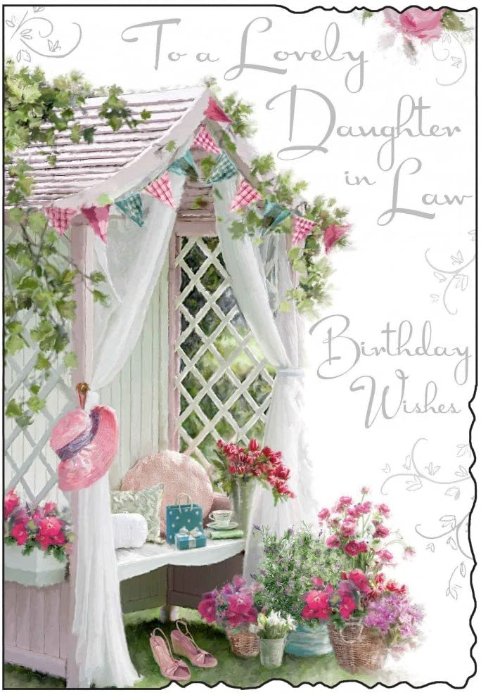 Jonny Javelin - Daughter in Law 'Happy Birthday' Card - Lovely Garden Arbour - Pink Flowers, white|black|brown|beige, A5