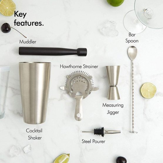 VonShef Cocktail Set – Boston Cocktail Shaker Kit 8 Piece in Gift Box with Accessories Including Glass, Jigger and Strainer - Image 3