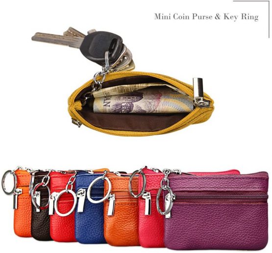 Hibate Mini Coin Purse Holder Wallet Leather Purses for Women Men Kids Minimalist Zip Pouch with Key Ring - Black - Image 4