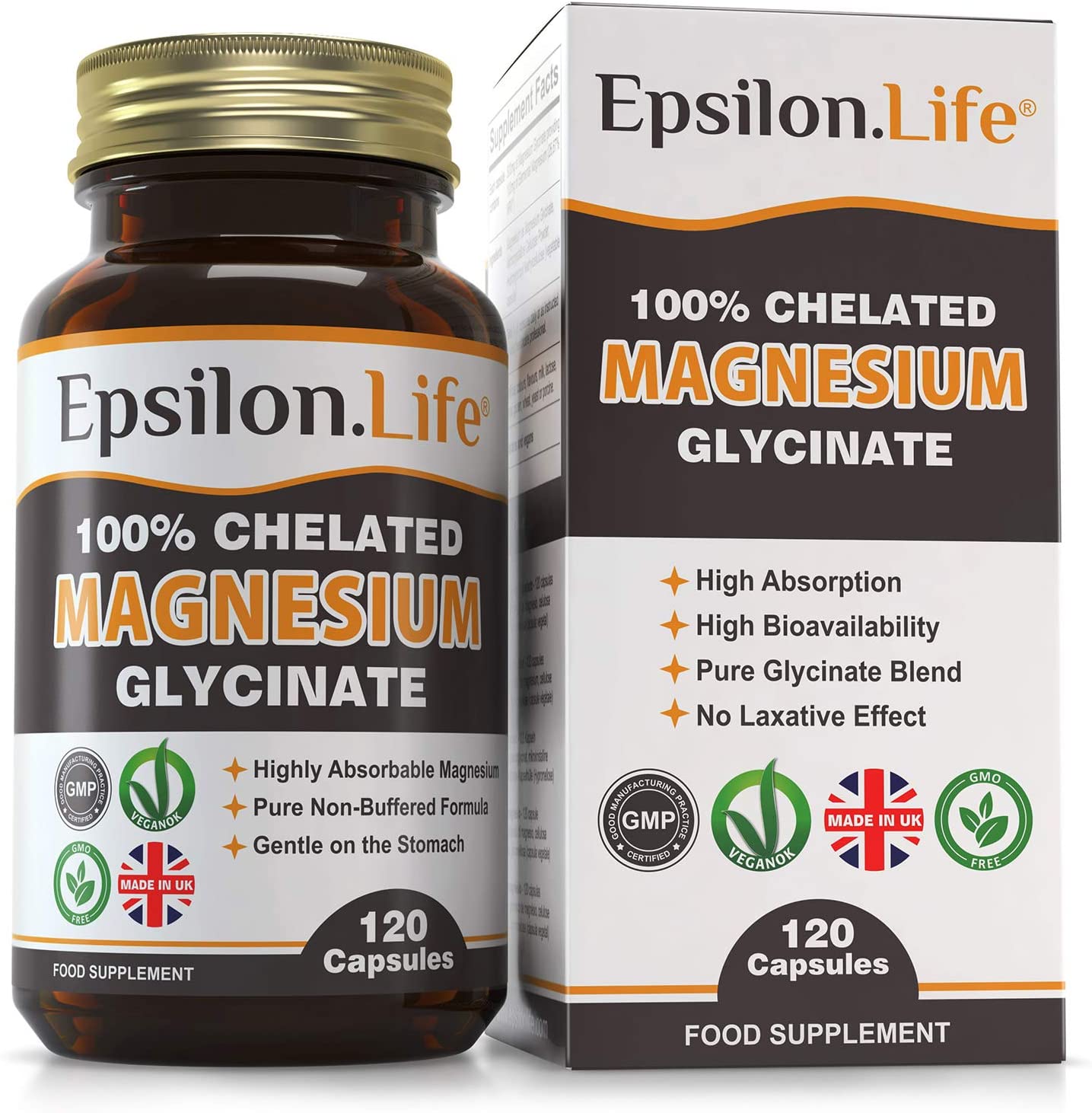 Epsilon Life Magnesium Glycinate 500mg, Chelated & Unbuffered Bisglycinate (No Oxide)