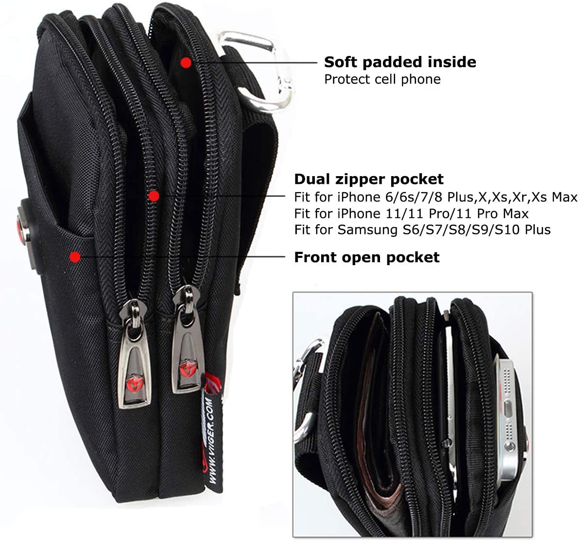 VIIGER Nylon Dual Mobile Phone Holster Versatile Belt Case Holder Mens Belt Pouch w/Clip Smartphone Belt Loop Pouch Bag 2 Zipper Pockets Compatible with iPhone 17 Pro Max 16 Pro Max - Image 3