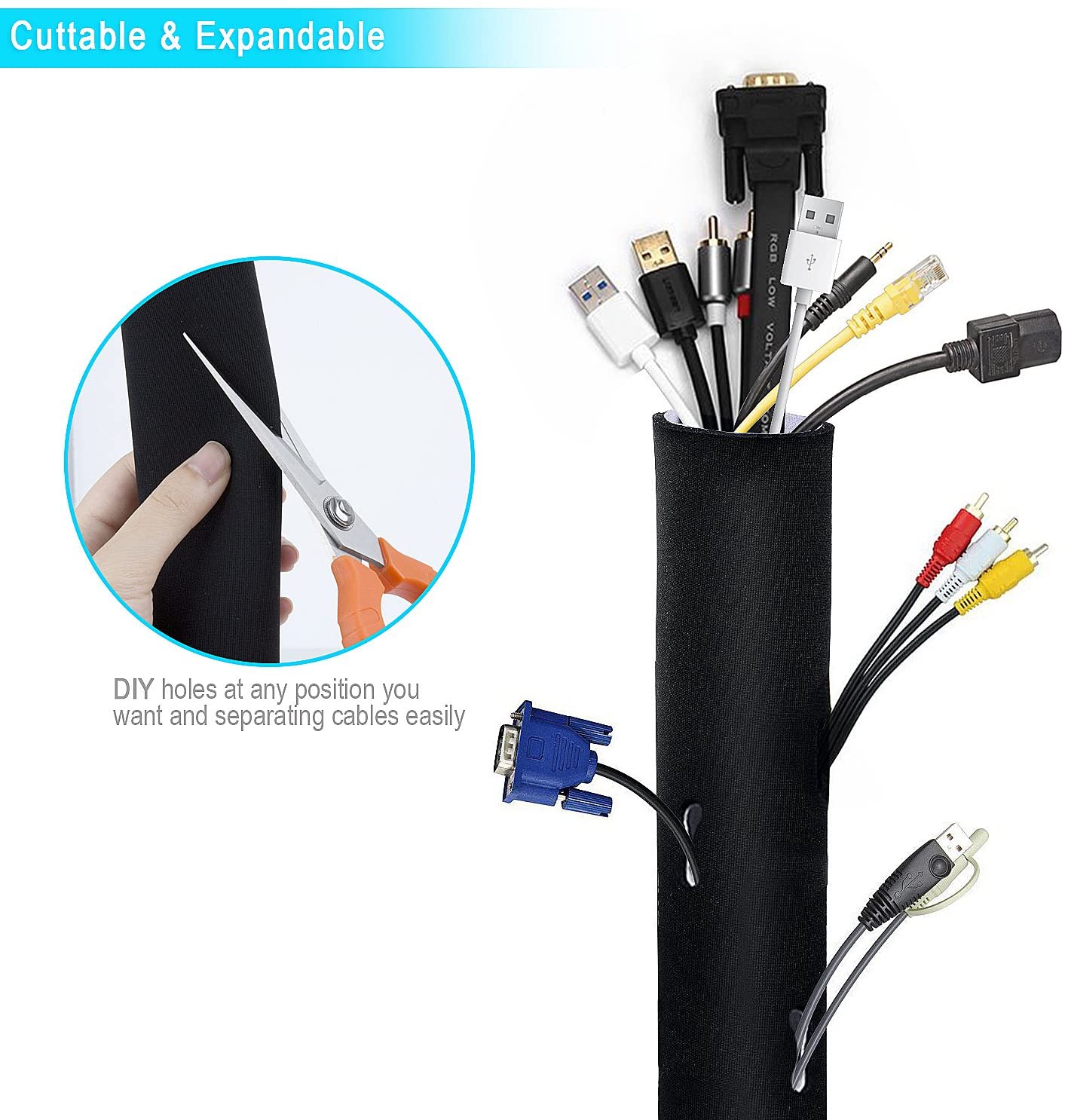 Meersee 3M Cable Management Sleeve Neoprene Flexible Cable Cover Sleeve