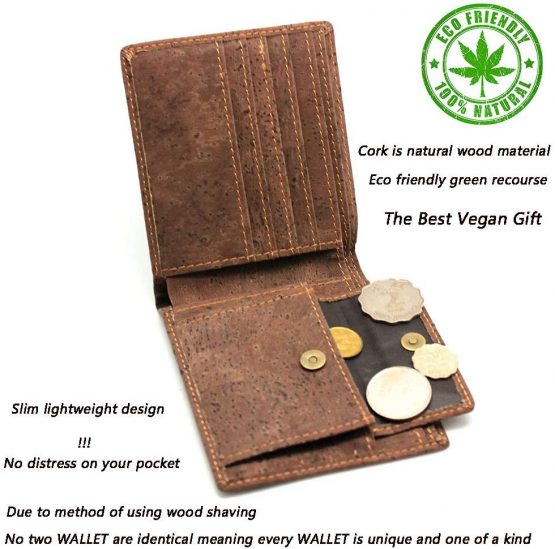 Boshiho Cork Wallet, RFID Blocking Vegans Wallet for Men & Women Slim Design Bifold Purse with Coin Pocket Card Slots Eco Friendly Vegetarian Gift (Cork-1) - Image 3