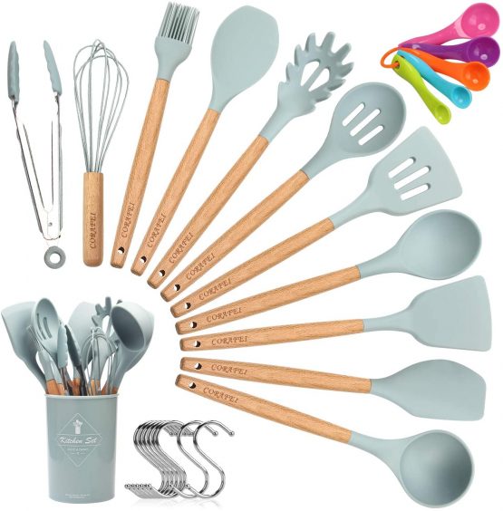 ELECTRAPICK Kitchen Utensil Set Silicone Cooking Utensils - 11 Pieces Cooking Spatula Turner Heat Resistant Tools with Wooden Handle for Nonstick Non Scratch Cookware - Best Kitchen Tool Gadgets