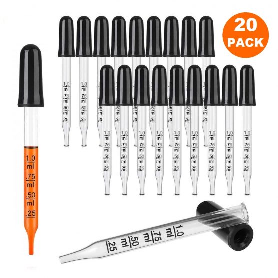 Hyber&Cara Glass Pipette Dropper 1ml Graduated for Liquid Medicine Essential Oil Laboratory, 20 Pack