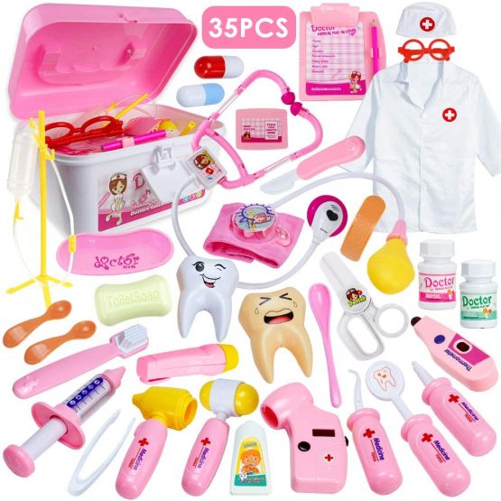 HERSITY Kids Doctors Kit Toy Medical Playset Nurses Costume Role Play Dentist Set with Carry Case Gifts for 3 4 5 6 Years Old Girls