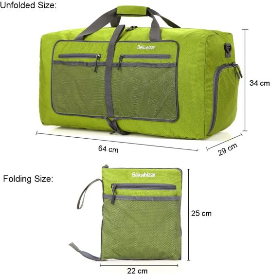 Bekahizar 60L Foldable Duffle Bag Large Lightweight Packable Travel Weekend Duffel with Shoe Compartment and Shoulder Strap for Luggage, Gym, Sport, Camping, Storage, Shopping (Dark Green) - Image 4