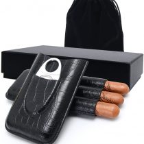 Leather Cigar Case, Including Cutter Set, Leather Traveling Cigar Case 3 Tubes Humidor Box, Packed by Nice Gift Box (Black)