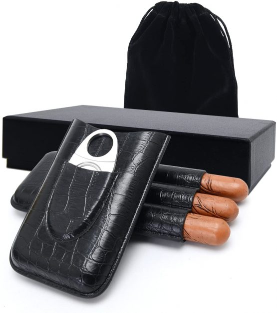 Leather Cigar Case, Including Cutter Set, Leather Traveling Cigar Case 3 Tubes Humidor Box, Packed by Nice Gift Box (Black)