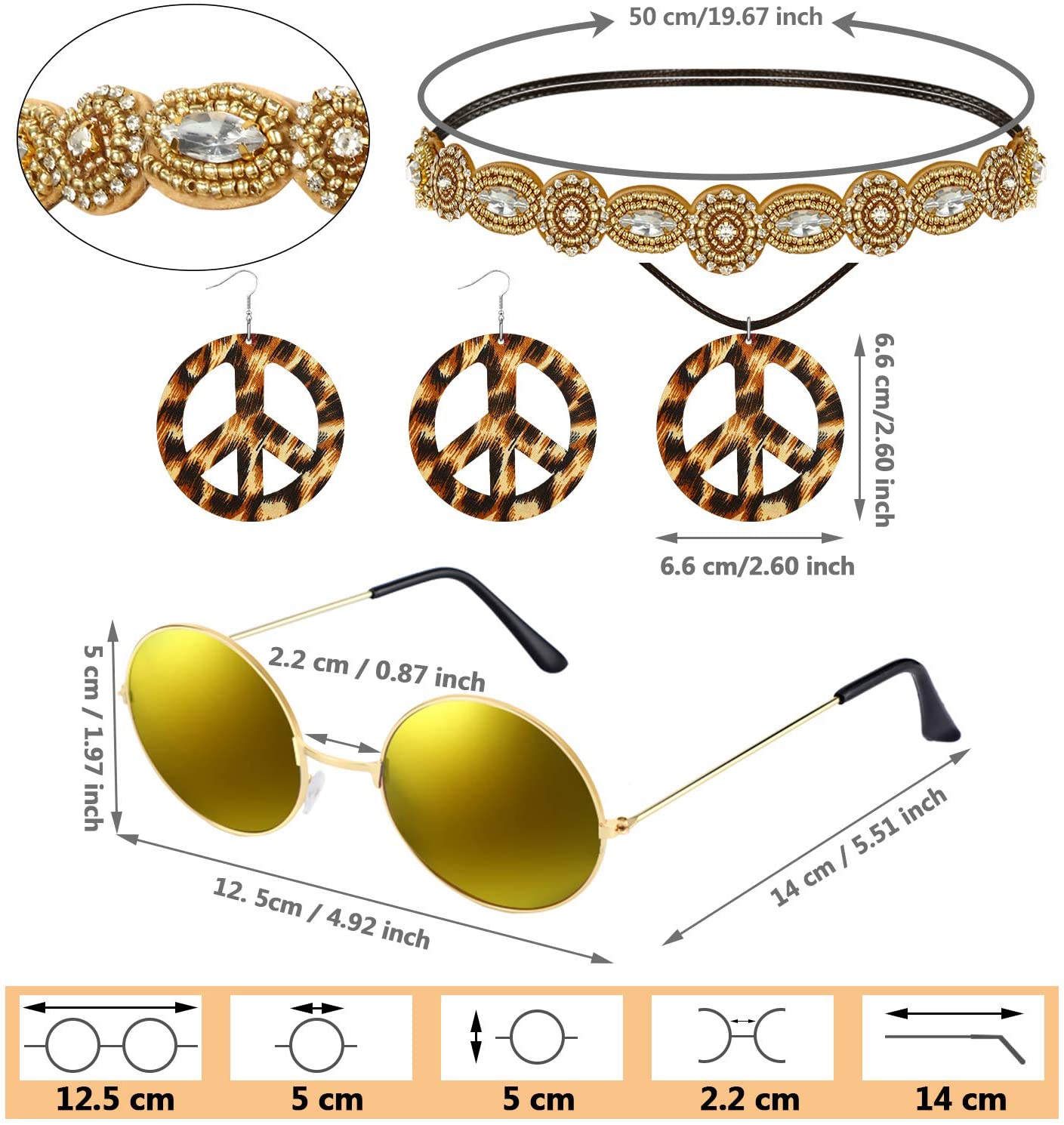 6 Pcs 60s 70s Hippie Costume for Women Peace Sign Earring Necklace Headband Fringe Vest Tassel Cardiga (Medium) - Image 2