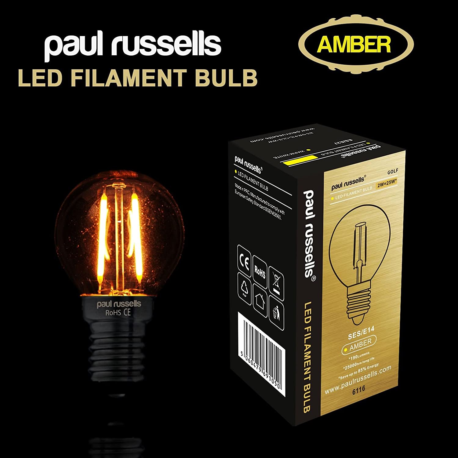 paul russells LED Filament Golf Ball Light Small Edison Screw E14, 20W Equivalent G45 Bulbs, 2.5W 200LM LED 2200K Amber Lamps - Image 2