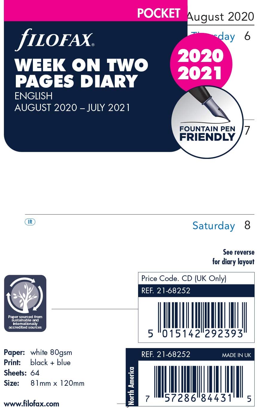 Filofax Pocket Week on Two Pages English mid Year Diary August 20 - July 21