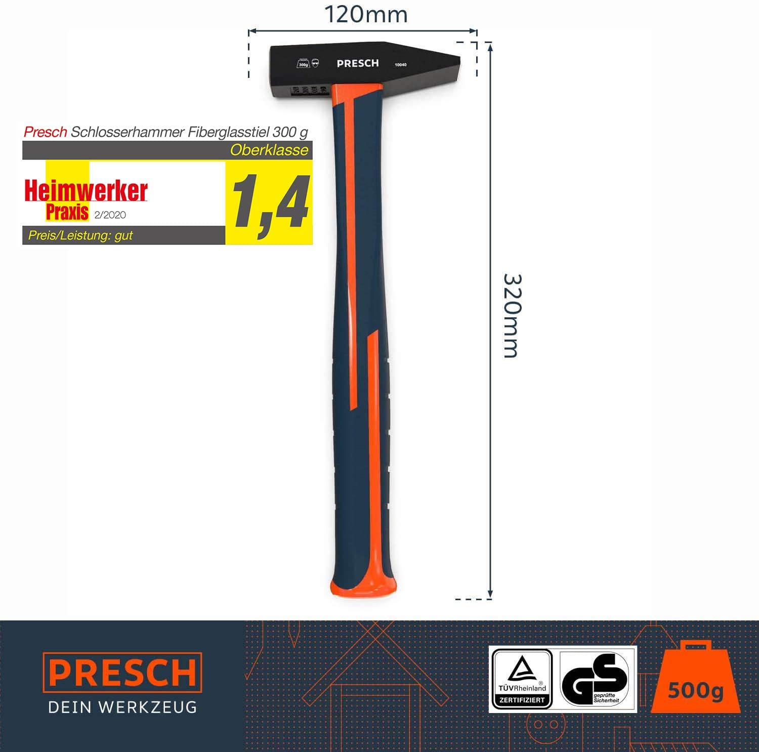 Presch Machinist’s Hammer Fibreglass Handle 300g, blue, Orange / Blue, 500g - Image 2
