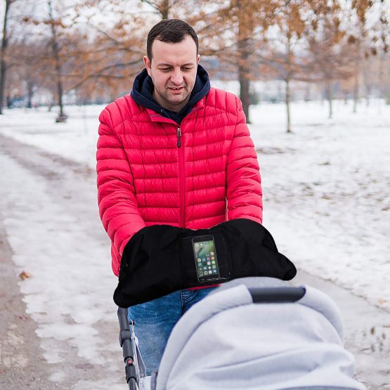 Stroller Hand Muff Windproof Anti-Freeze Pram Gloves Waterproof Baby Pushchair Hand Warmer Cover Thickening Warm Winter Pram Mitten with Mobile Phone Pocket (Black) - Image 3