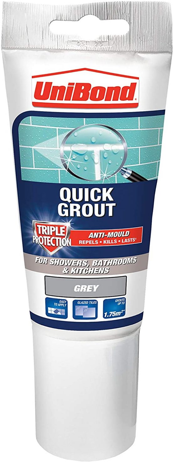 UniBond Quick Grout Triple Protection, Waterproof Grout for Small Repairs, Tile Grout Reviver Repels, Kills & Prevents Mould, Ready-Mixed Grey Grout, 300g