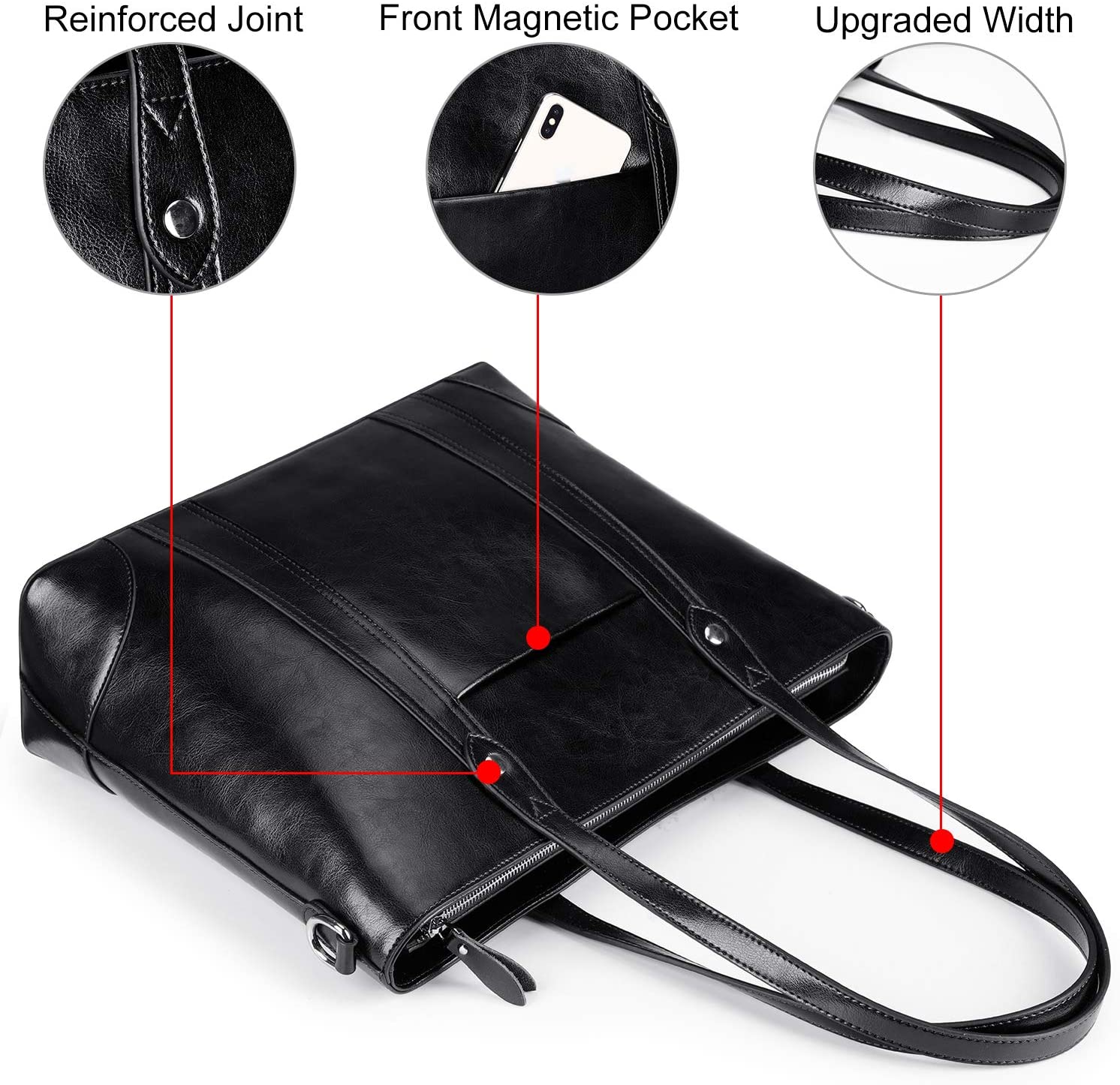 S-ZONE 15.6" Leather Laptop Bag for Women Shoulder Bag Large Work Tote with Padded Compartment, Black - Image 4