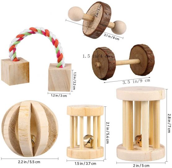 CCCYMM 6 Pcs Pet Natural Wooden Chew Toys Dumbells Exercise Bell Molar Toy for Parrot, Rabbit, Chinchilla, Guinea Pig, Hamster Small Animals - Image 2
