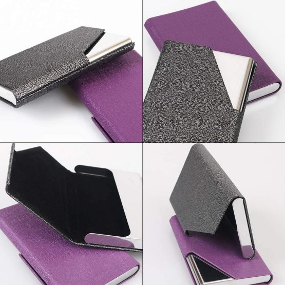 homEdge Business Card Holder, Slim Professional 2 Packs PU Leather+Stainless Steel Business Card Case for Traveling and Business-Gray and Purple - Image 4