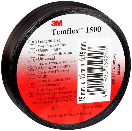 3 M TSCH1525 Temflex 1500 Vinyl Electrical Insulation Tape, 15 mm x 25 m x 0,15 mm, black