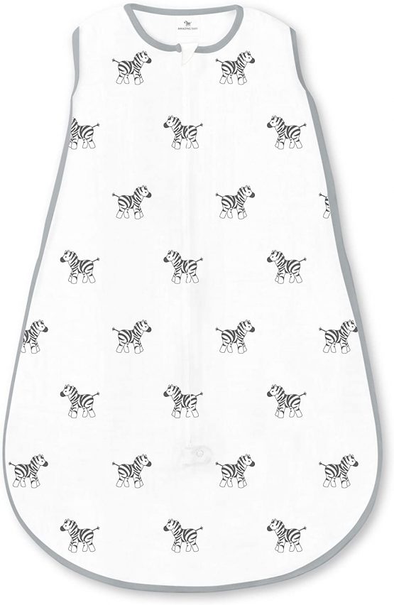 Amazing Baby Muslin Sleeping Sack with 2-Way Zipper, Zebra, Black, Medium, 6-12 Months