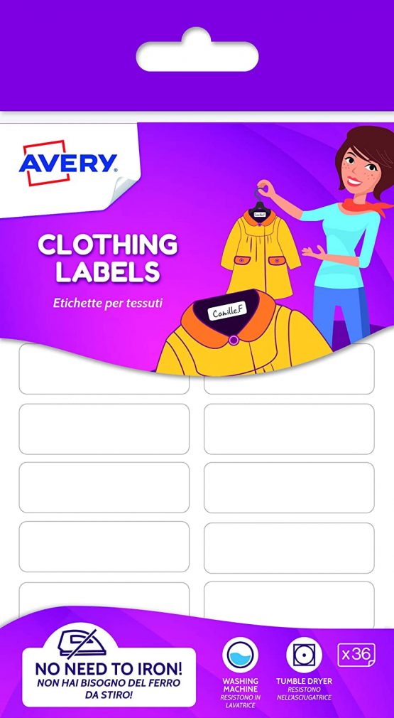 Avery Clothing Labels, name labels, stick on school labels, no ironing or sewing, 45 x 13 mm, 36 Labels Per Pack, White