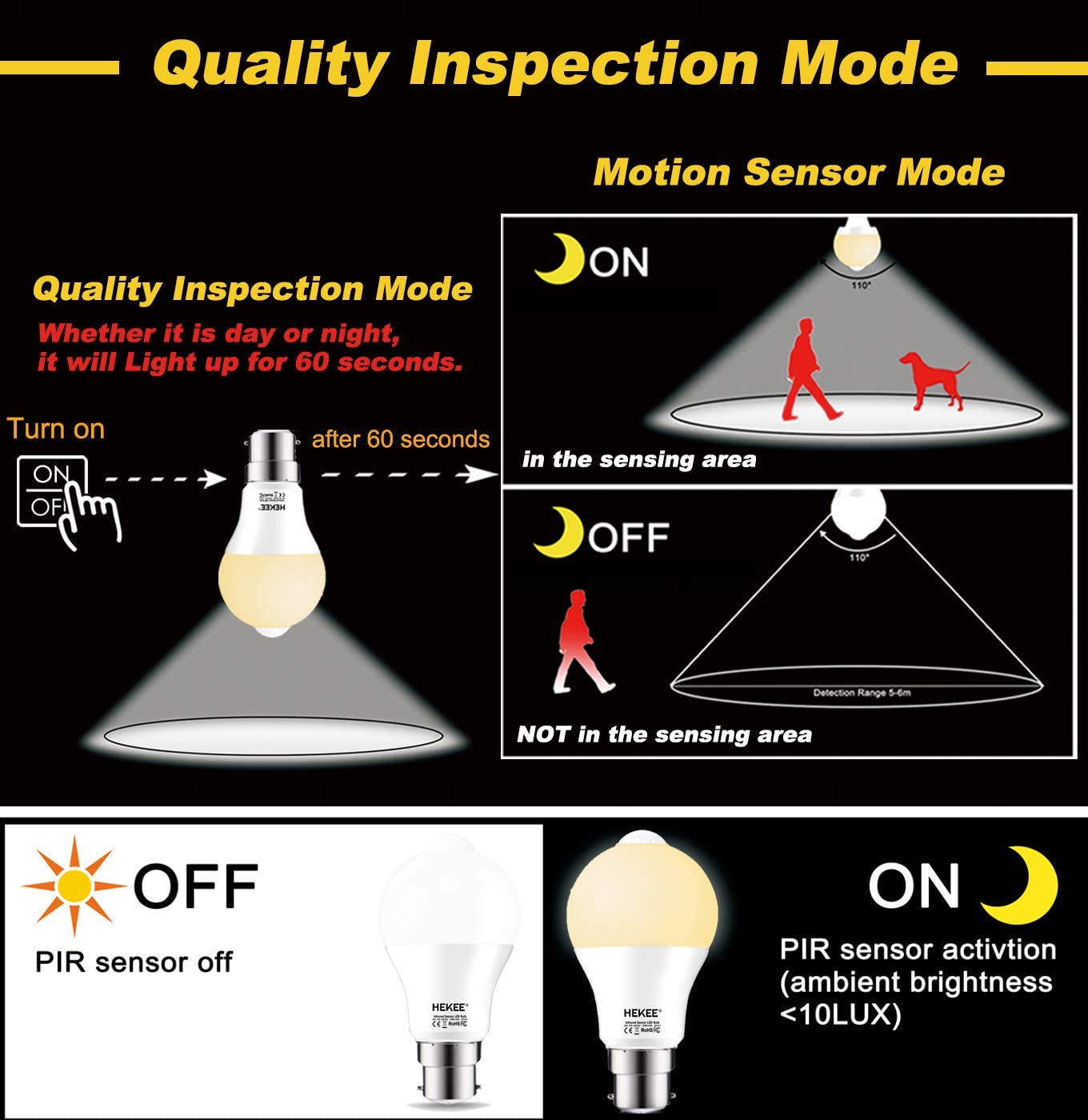 HEKEE PIR Motion Sensor Light Bulb 9W B22, A60 Bayonet Cap Warm White 2700K, Equivalent 60w Incandescent (2 Pack) - Image 2