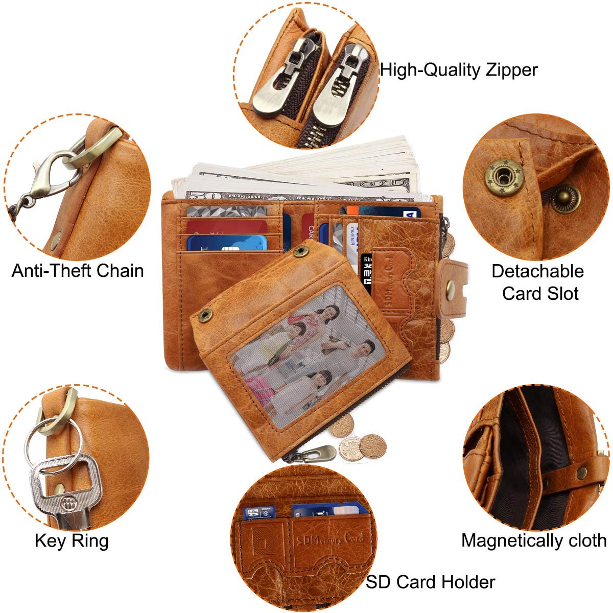 REETEE Mens Wallet RFID Blocking Men's Genuine Leather Wallet and Zipper Coin Pocket Bifold Purse with Chain 16 Credit Card Holder Genuine Leather Gents Wallets Slim Purse (Light Brown) - Image 4