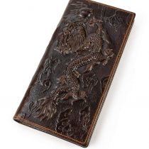 Mens Genuine Leather Travel Long Bifold Wallet with Chain Biker Wallet Vintage Chain Wallet with Zipper Pocket (Embossed Dragon)