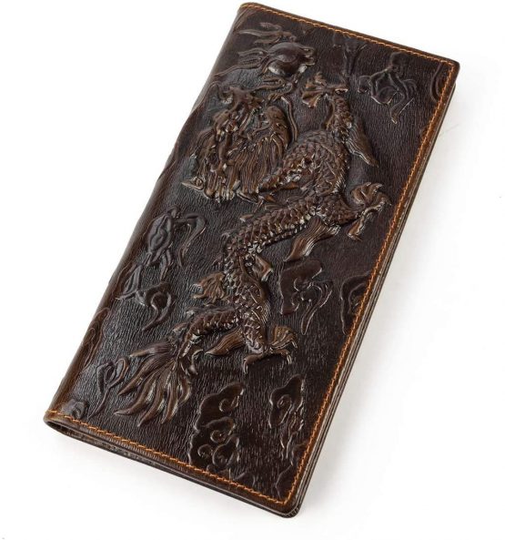 Mens Genuine Leather Travel Long Bifold Wallet with Chain Biker Wallet Vintage Chain Wallet with Zipper Pocket (Embossed Dragon)